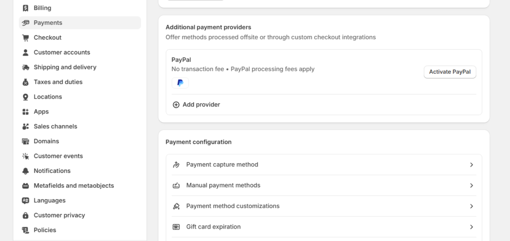 Shopify payment settings