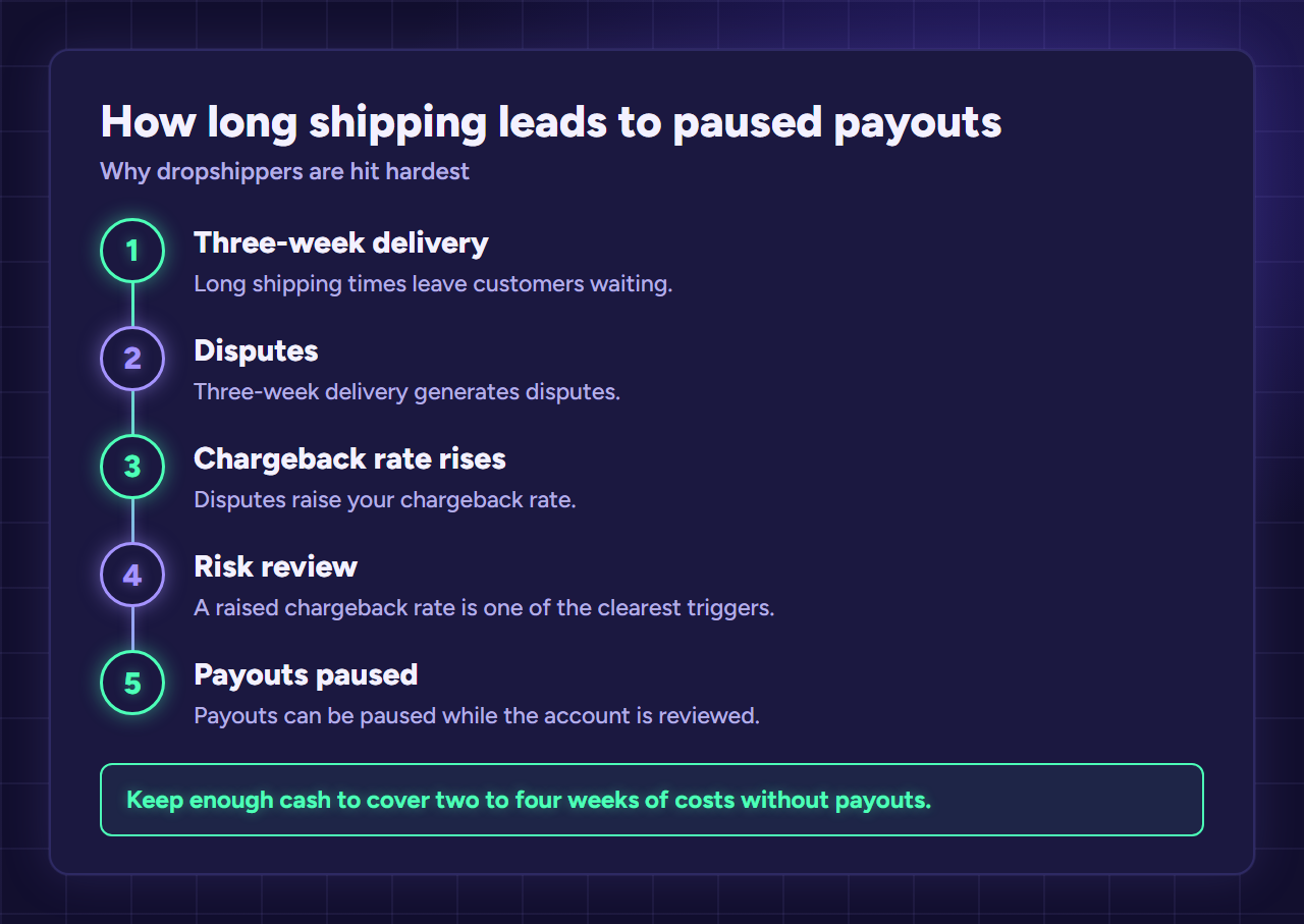 Five step flow showing why dropshippers get payouts paused: three-week delivery, disputes, a raised chargeback rate, risk review, payouts paused
